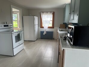 Een magnetron, een oven, een kookplaat, een vaatwasser