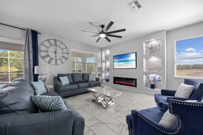 Smart TV, fireplace, video games, ping pong