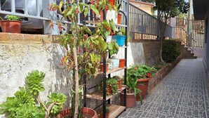 A narrow alleyway with potted plants and a staircase leading to a higher level.