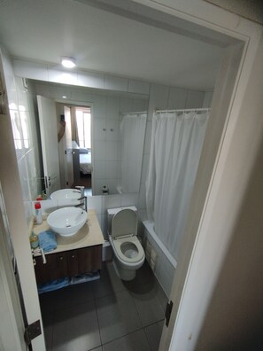 Hair dryer, towels, soap, toilet paper