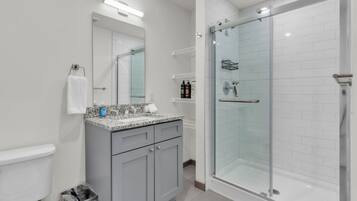 Shower, free toiletries, hair dryer, bidet