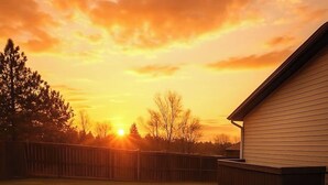 Eine Terrasse mit vier Korbstühlen und einem zentralen Feuerkorb, umgeben von einem roten Teppich, unter einem Abendhimmel.