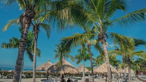 A beach with palm trees, thatched umbrellas, and sun loungers. - Charming seafront 2-bedroom apartment with AC, WiFi in delightful Santa Marta (Santa Marta)