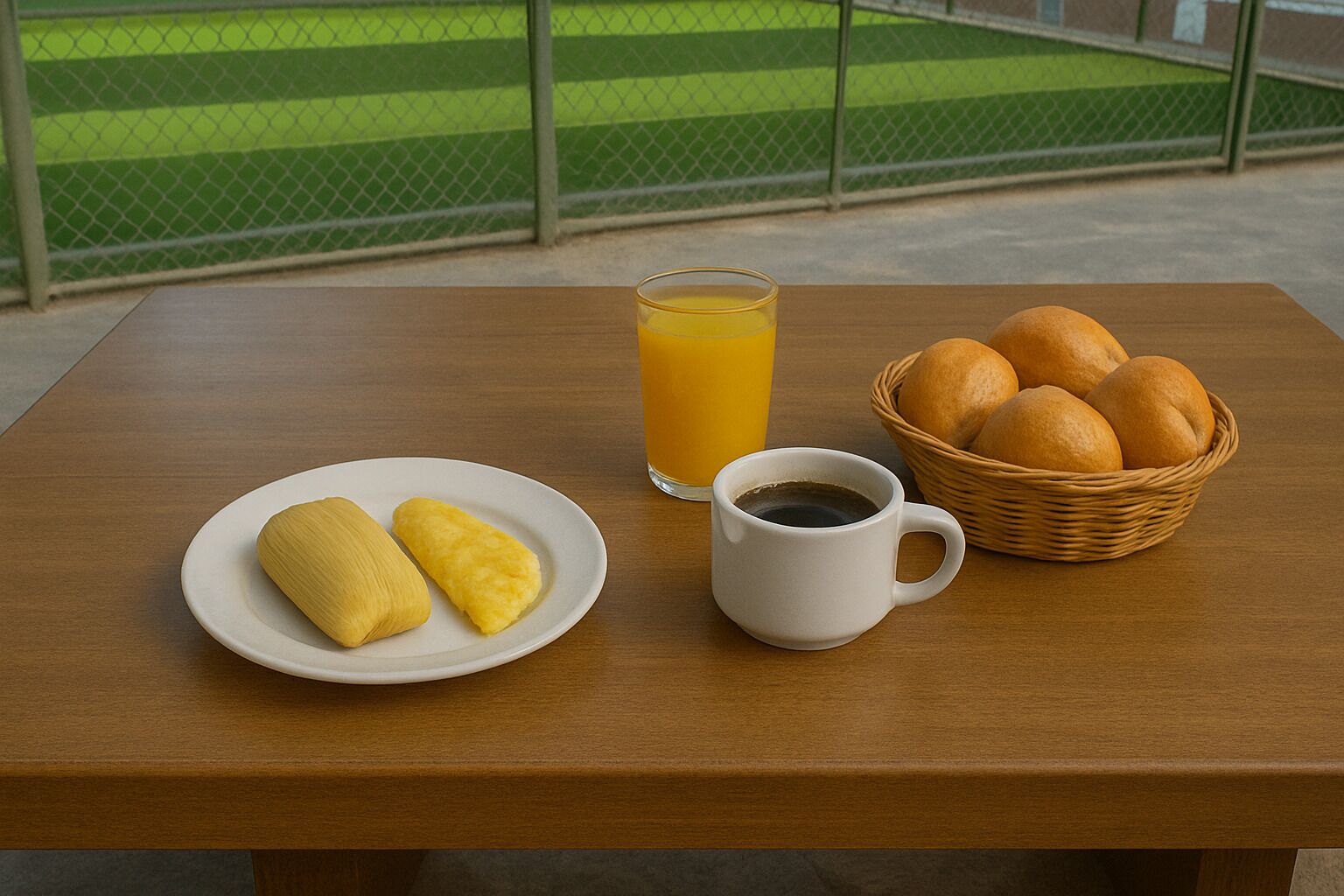 Ein Frühstück auf einem Holztisch mit einem Teller mit Brötchen, einem Glas Orangensaft und einer Tasse Kaffee.