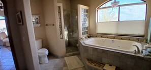 Shower, jetted tub, hair dryer, towels