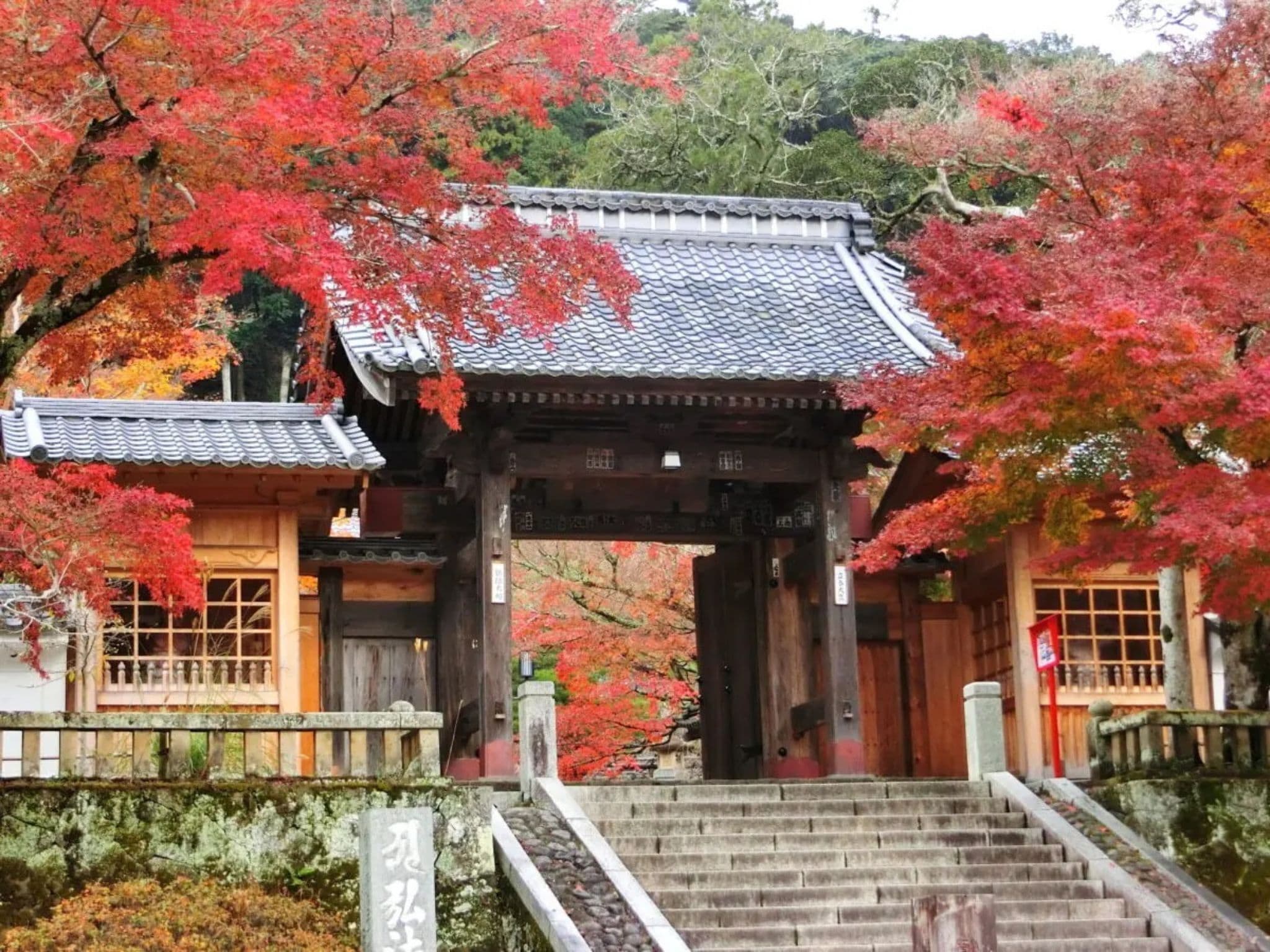 A traditional Japanese gate with a tiled roof, wooden structure, and stone steps leading up to it.