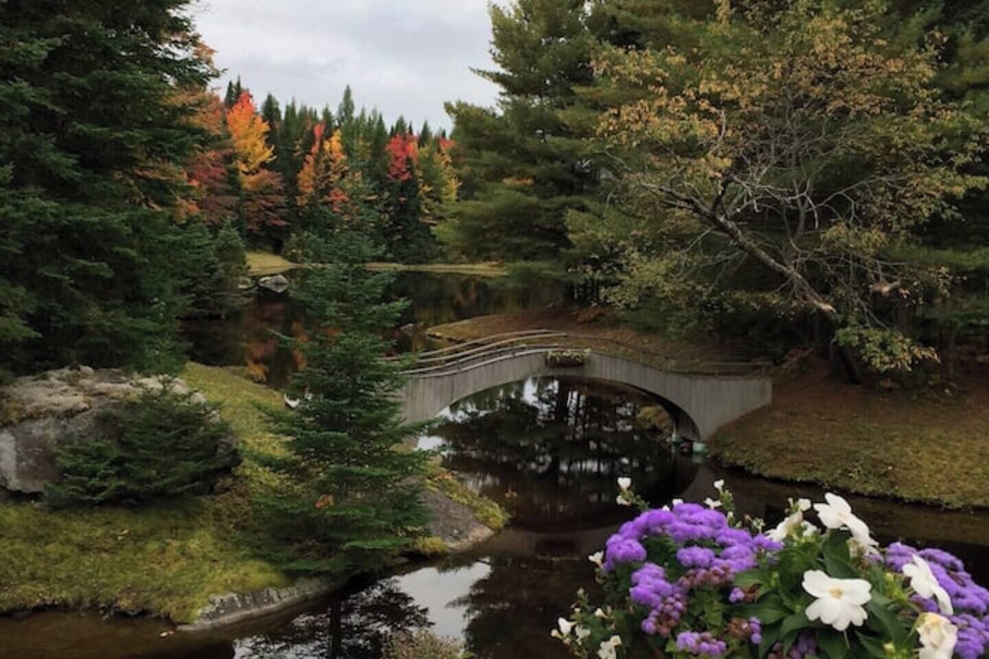 A stone bridge over a calm pond surrounded by trees with autumn foliage.