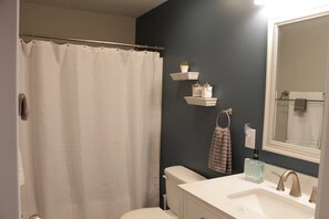 Hair dryer, towels, soap, toilet paper