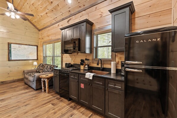 Fridge, oven, stovetop, coffee/tea maker