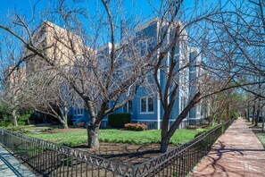 Stroll along a tree-lined street with a classic building as the centerpiece.