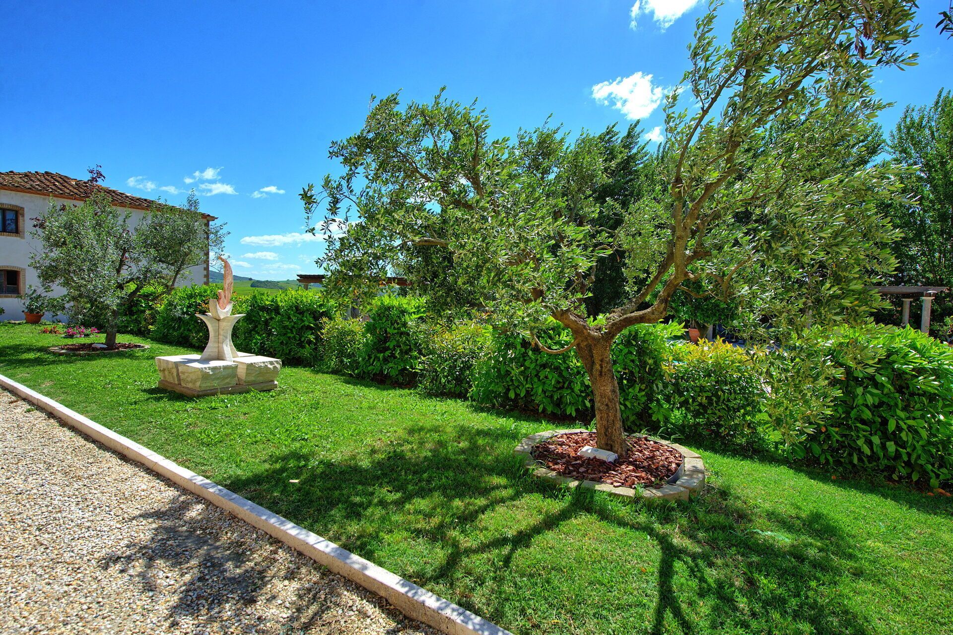 A well-maintained garden with a variety of trees and shrubs, a gravel path, and a building in the background.