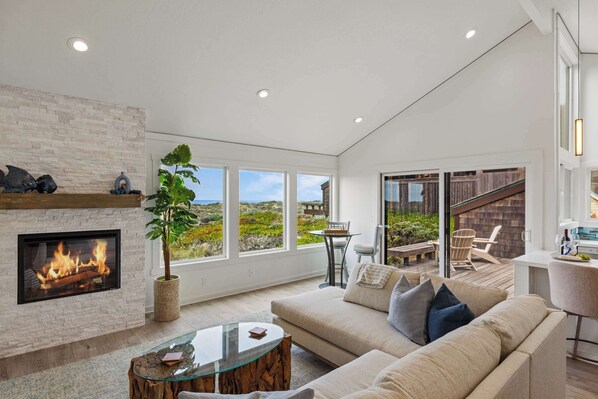 TV, fireplace, books, offices