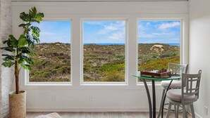 Ein Zimmer mit drei großen Fenstern, einem Blumentopf, einem Glastisch und einem Stuhl.