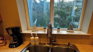 A kitchen with a double sink, a coffee maker, and two bottles labeled "DISHES" and "HANDS". - Seaside Paradise at Sebastian Shores (Gold Beach)