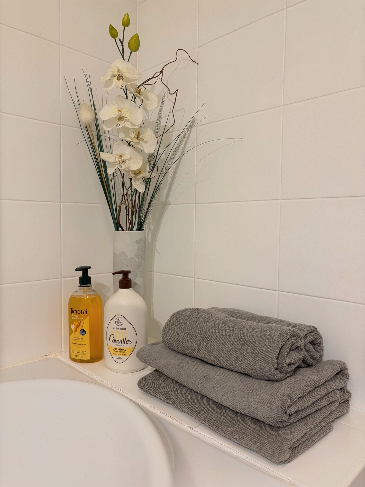 Secadora de cabello, toallas, jabón, papel de baño 