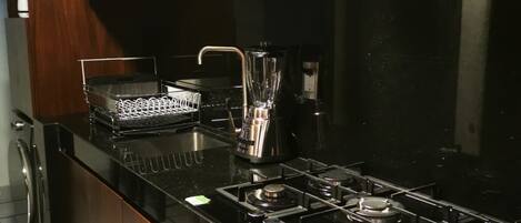 Fridge, microwave, coffee/tea maker, blender