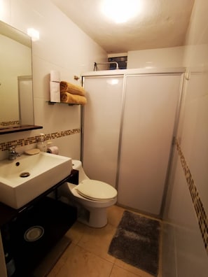Douche, sèche-cheveux, serviettes fournies, savon