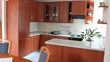 Fridge, oven, stovetop, coffee/tea maker