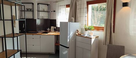 Frigorífico, placa de cocina, cafetera o tetera y utensilios de cocina