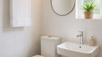 Chuveiro, chinelos, sabonete, papel higiênico