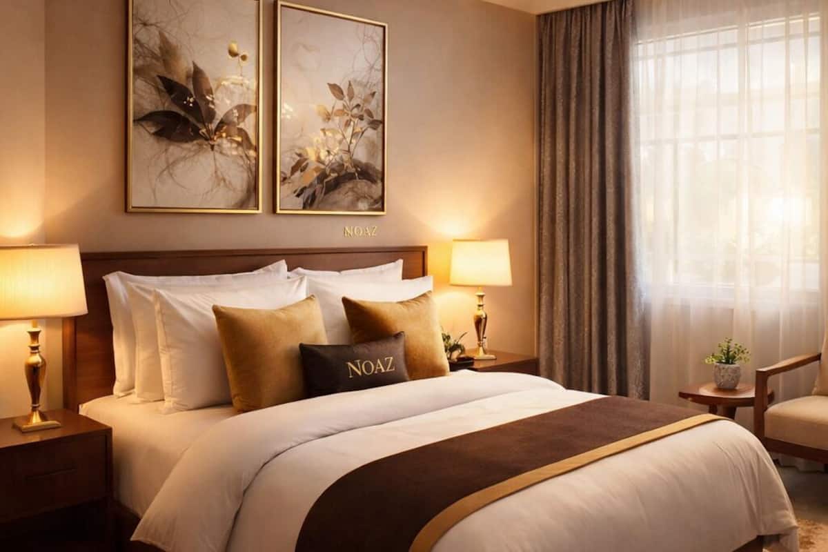 A spacious bedroom with a large bed, two bedside tables with lamps, a headboard, and two framed artworks on the wall.