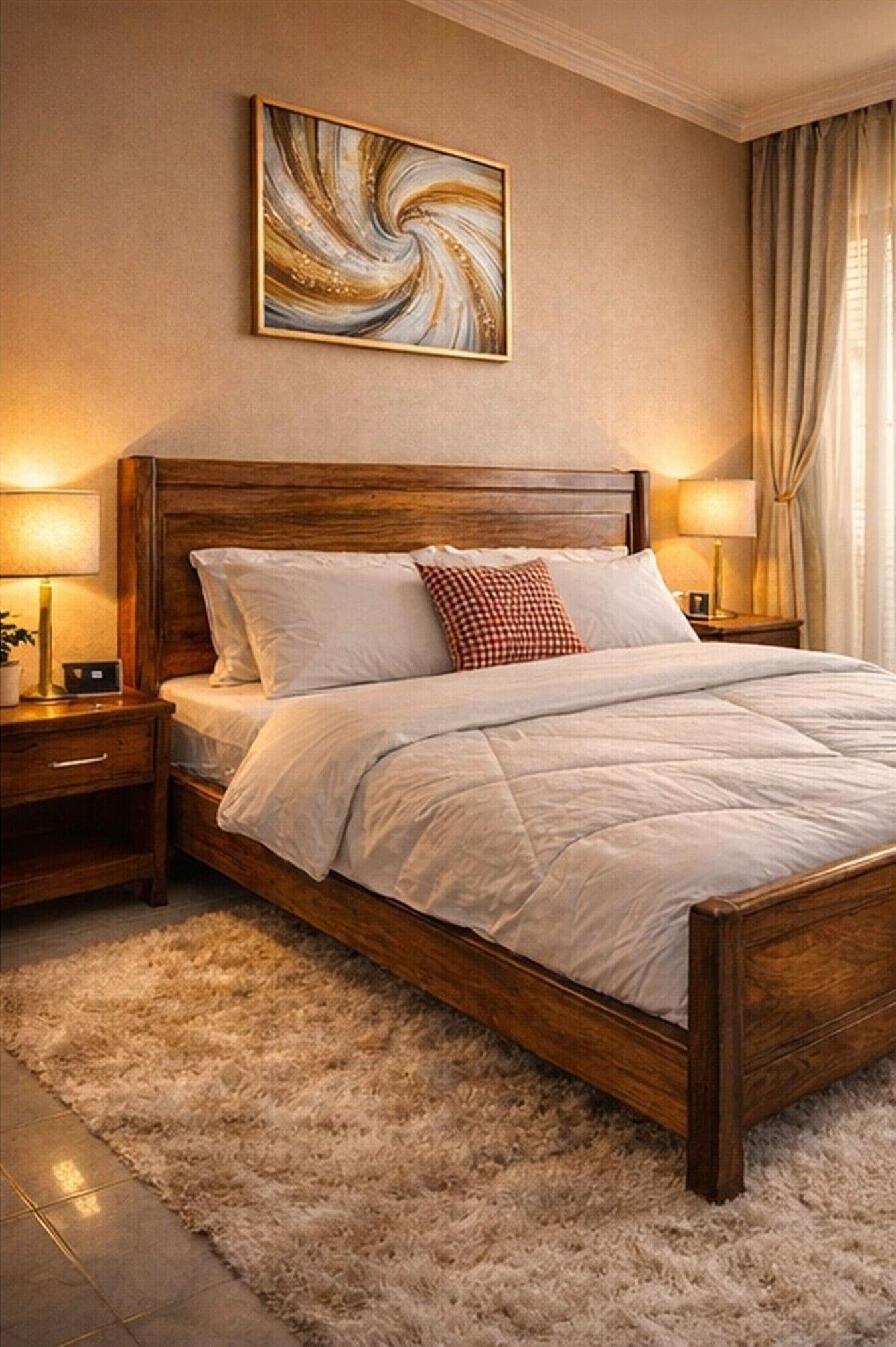A bedroom with a wooden bed, white bedding, a fluffy rug, a nightstand with a lamp, and a wall-mounted abstract painting.