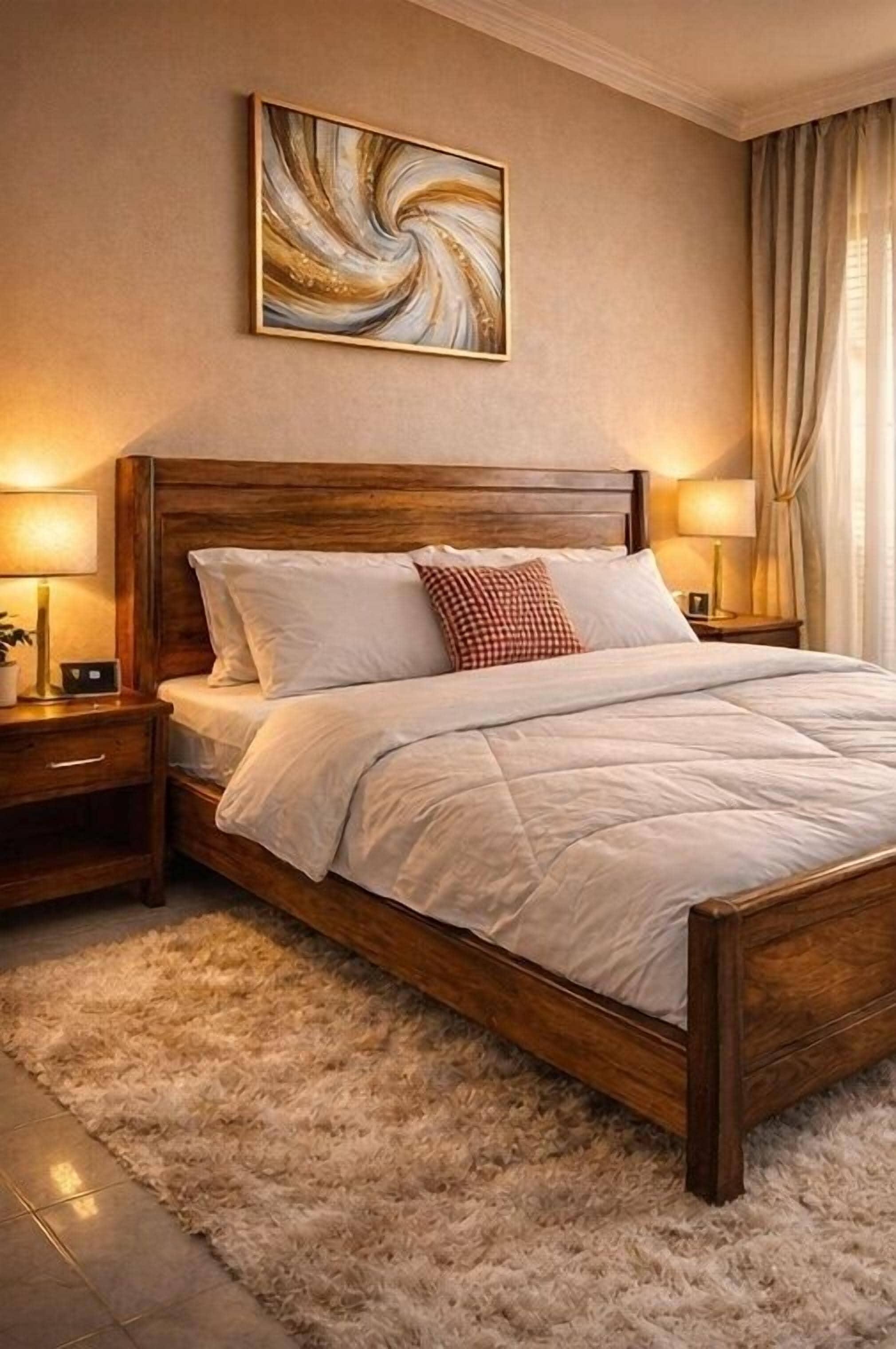 A bedroom with a wooden bed, white bedding, a fluffy rug, a nightstand with a lamp, and a wall-mounted abstract painting.
