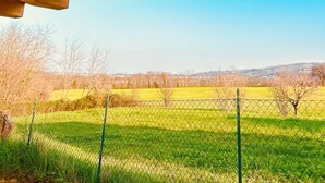 Een houten balkenplafond met een helder uitzicht op een groen veld en een hek op de achtergrond.