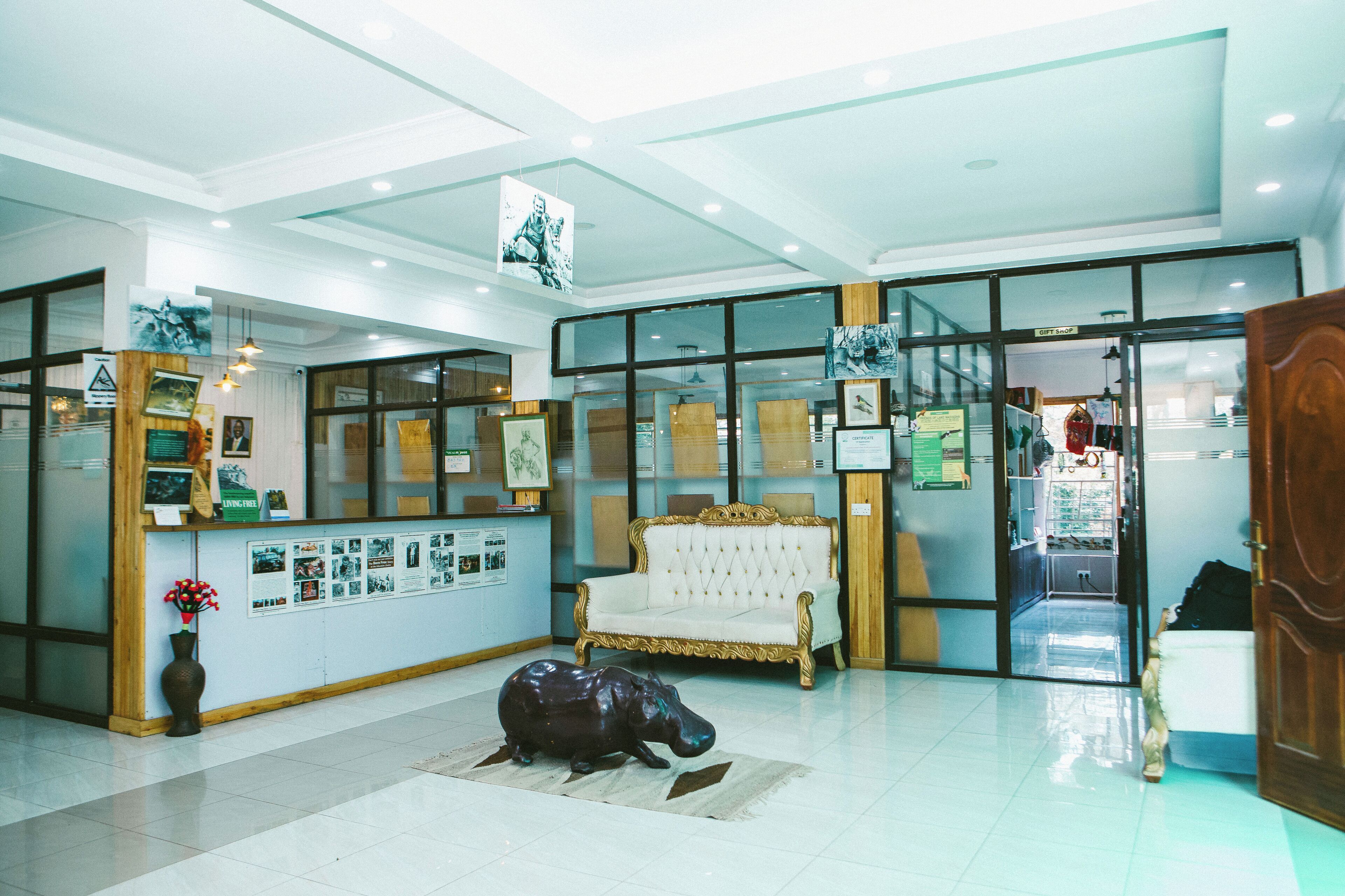 A lobby with a reception desk, a white sofa, and a large glass door leading to the back.
