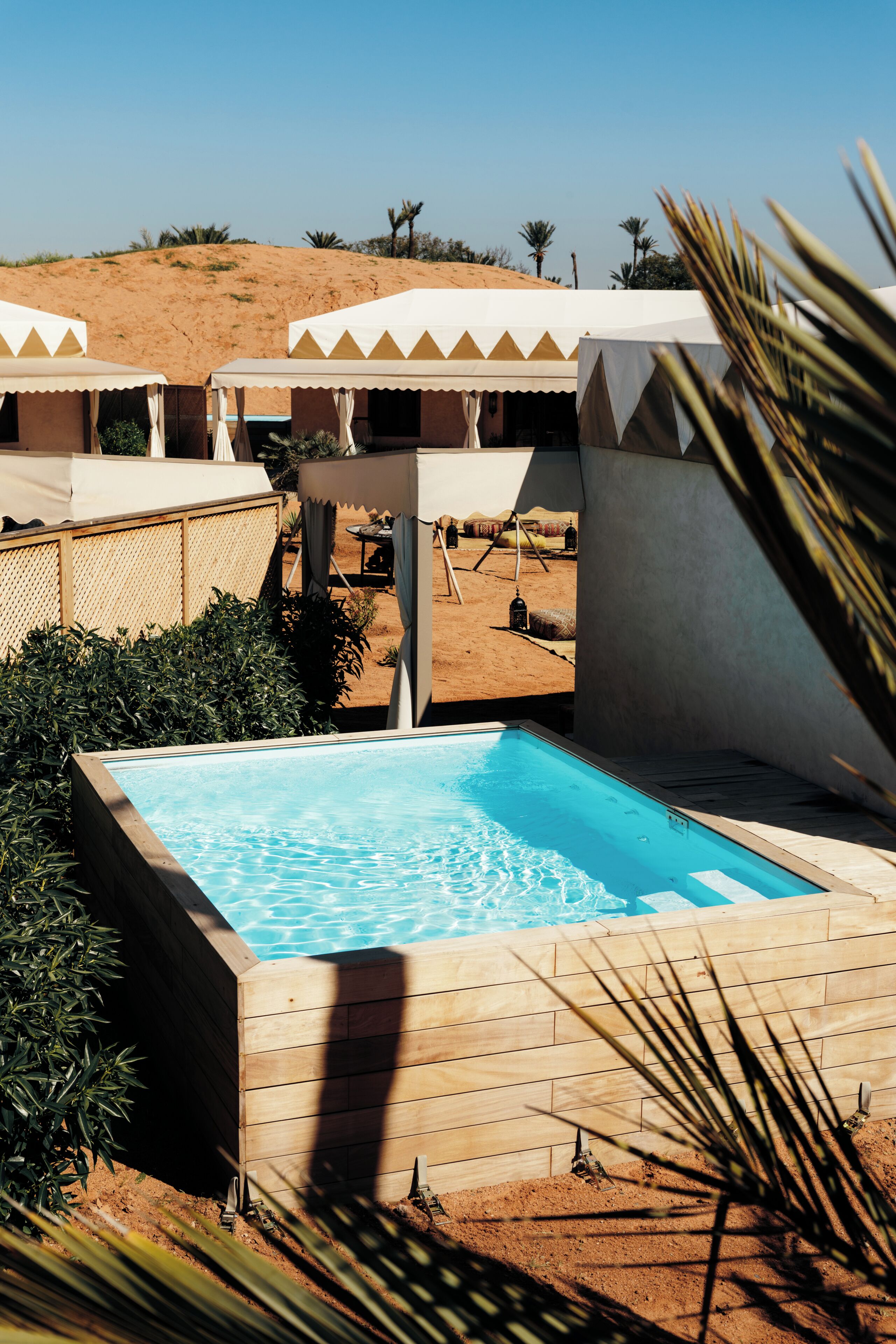 A pool area with a clear blue pool, surrounded by palm trees and a sandy landscape.