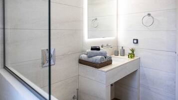Shower, hair dryer, towels