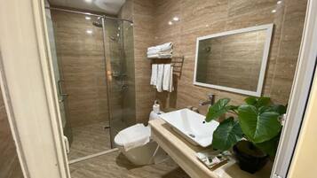 Rainfall showerhead, bathrobes, slippers, towels