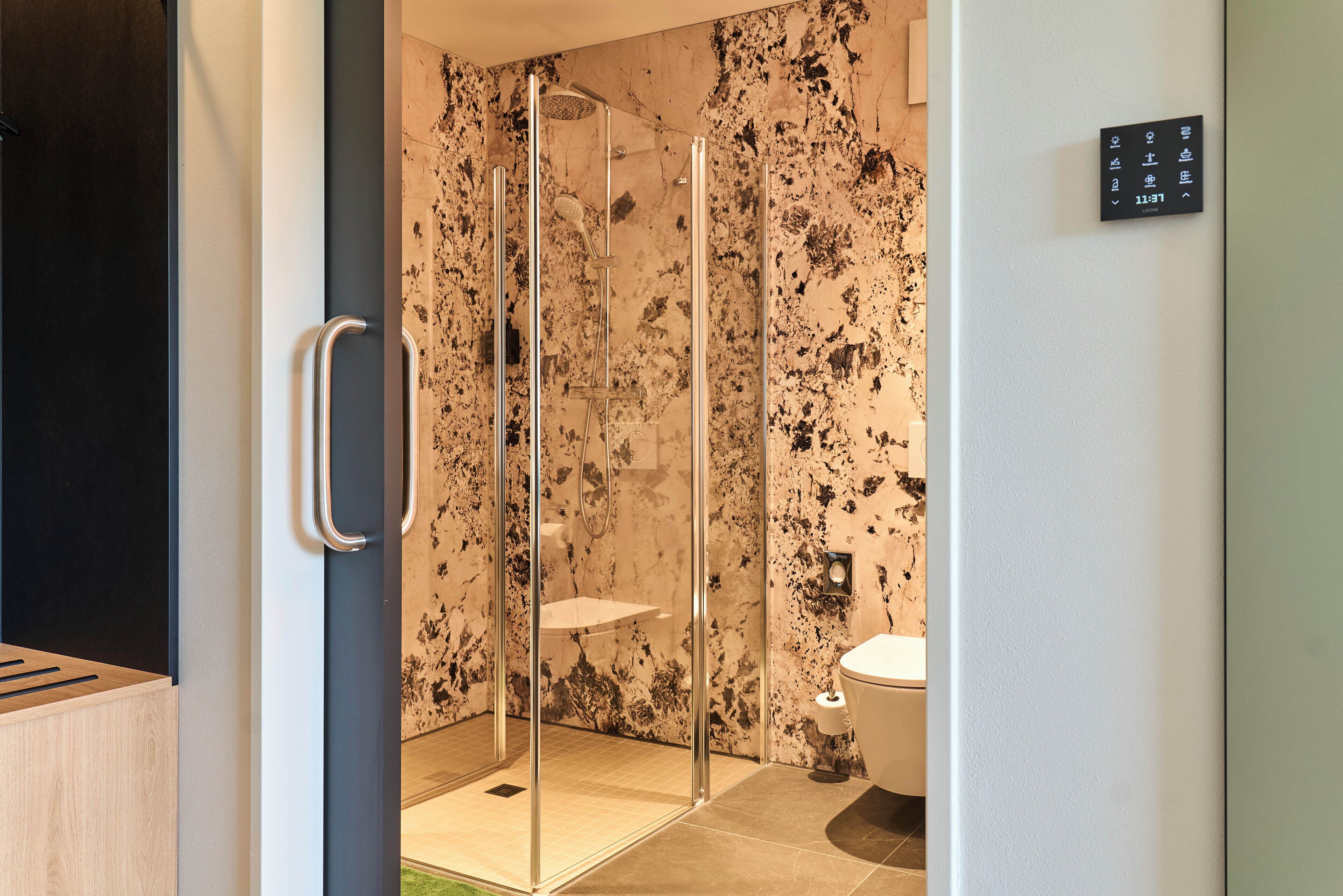 A modern bathroom with a glass-enclosed shower, a toilet, and a marble wall.