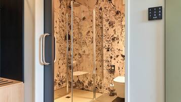 A modern bathroom with a glass-enclosed shower, a toilet, and a marble wall.