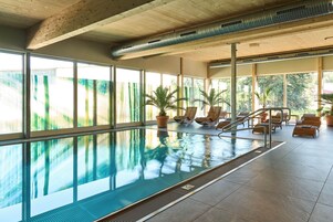 Piscina interna com paredes de vidro transparente, vigas de madeira no teto e plantas em vasos.
