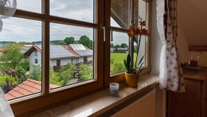 Une fenêtre donnant sur des maisons et de la verdure, une plante en pot et un récipient en verre posé sur le rebord de la fenêtre.