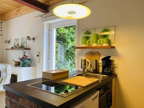Kühlschrank, Mikrowelle, Herdplatte, Wasserkocher mit Kaffee-/Teezubehör
