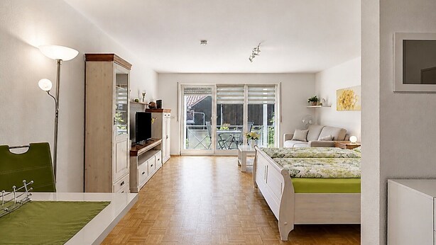 A modern apartment with a kitchenette, a dining area, a bedroom with a bed, and a balcony with a view. - Casa Di Napolitano – Nature & Relaxation by Lake Constance (Radolfzell am Bodensee)