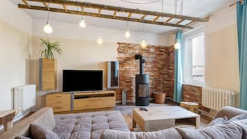 Televisión, chimenea y reproductor de DVD