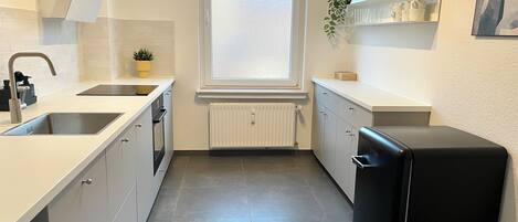 A modern kitchen with white cabinetry, a black refrigerator, a window with frosted glass, and a potted plant on the counter.