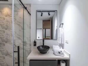 Shower, hair dryer, towels