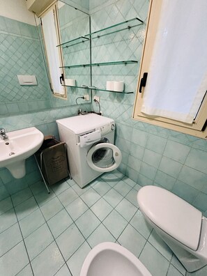 Shower, hair dryer, bidet, towels