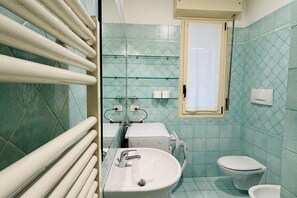 Shower, hair dryer, bidet, towels