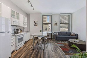 Fridge, microwave, oven, stovetop