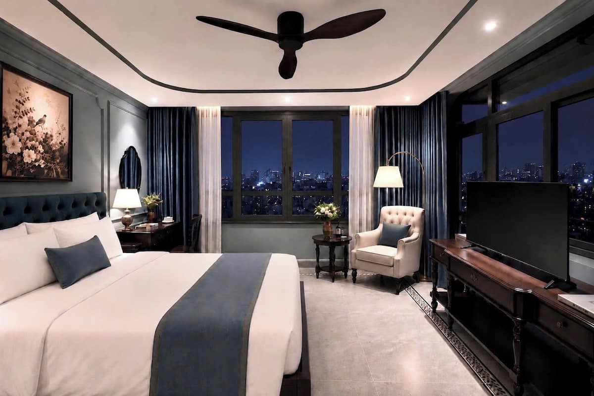 A modern hotel room with a large bed, a desk, a chair, a TV, and a city view.