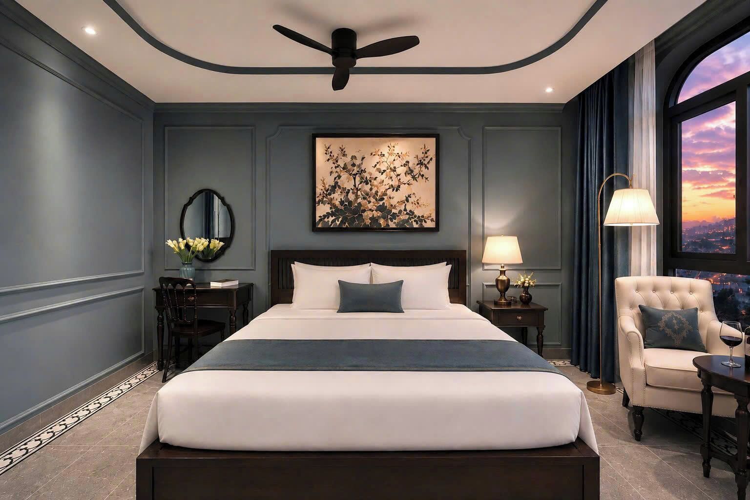 A modern hotel room with a large bed, a desk, a chair, a nightstand, a lamp, and a city view.