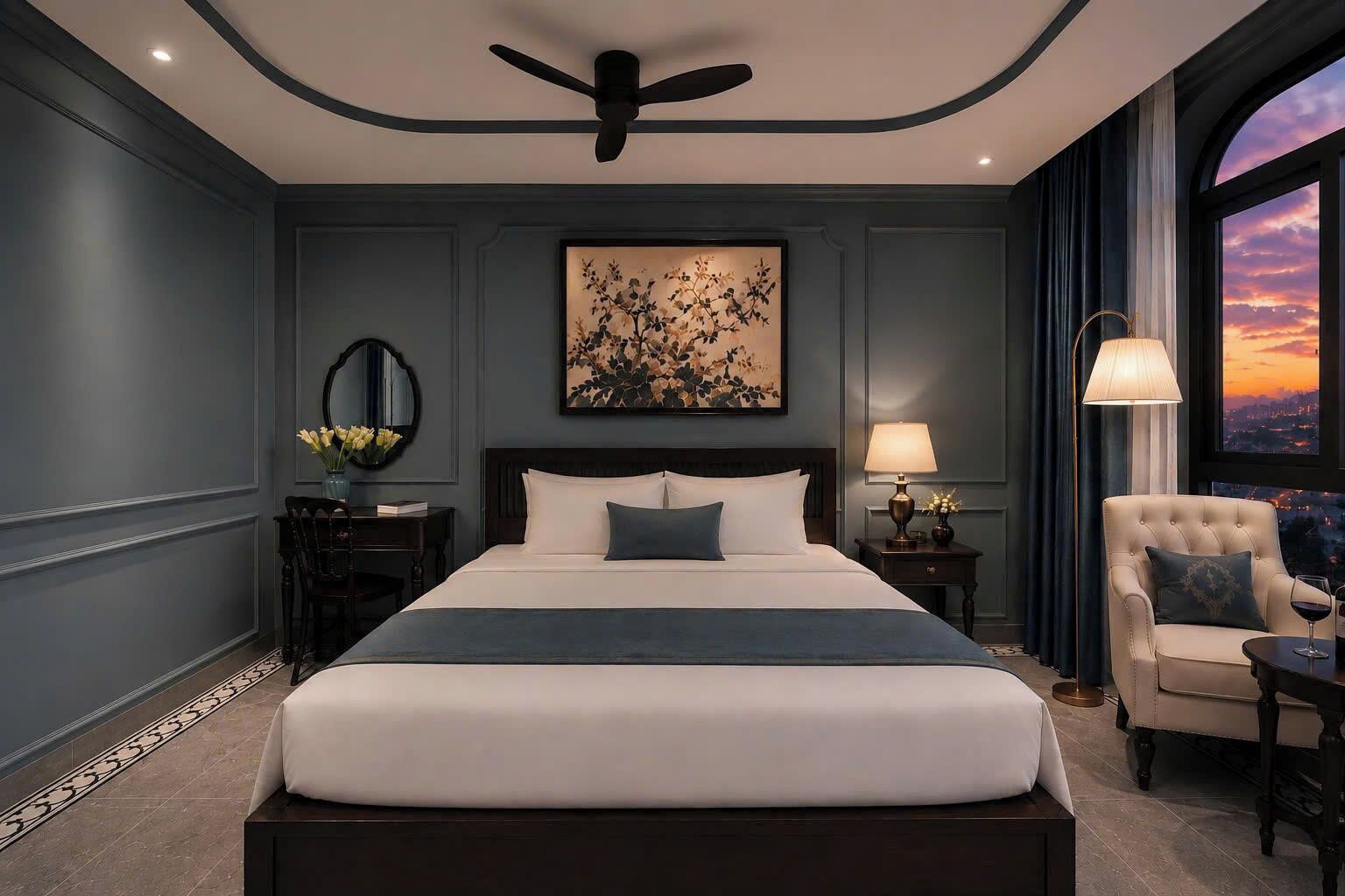 A modern hotel room with a large bed, a side table with a lamp, a chair, and a view of the city at sunset.
