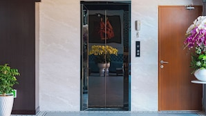Un hall d’entrée moderne avec un grand miroir, une porte en bois et une plante en pot.