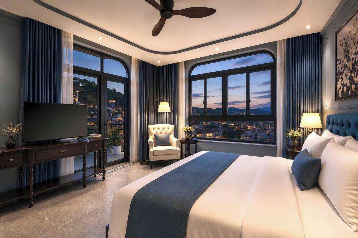 A modern hotel room with a large bed, a TV, a chair, and a view of a cityscape.