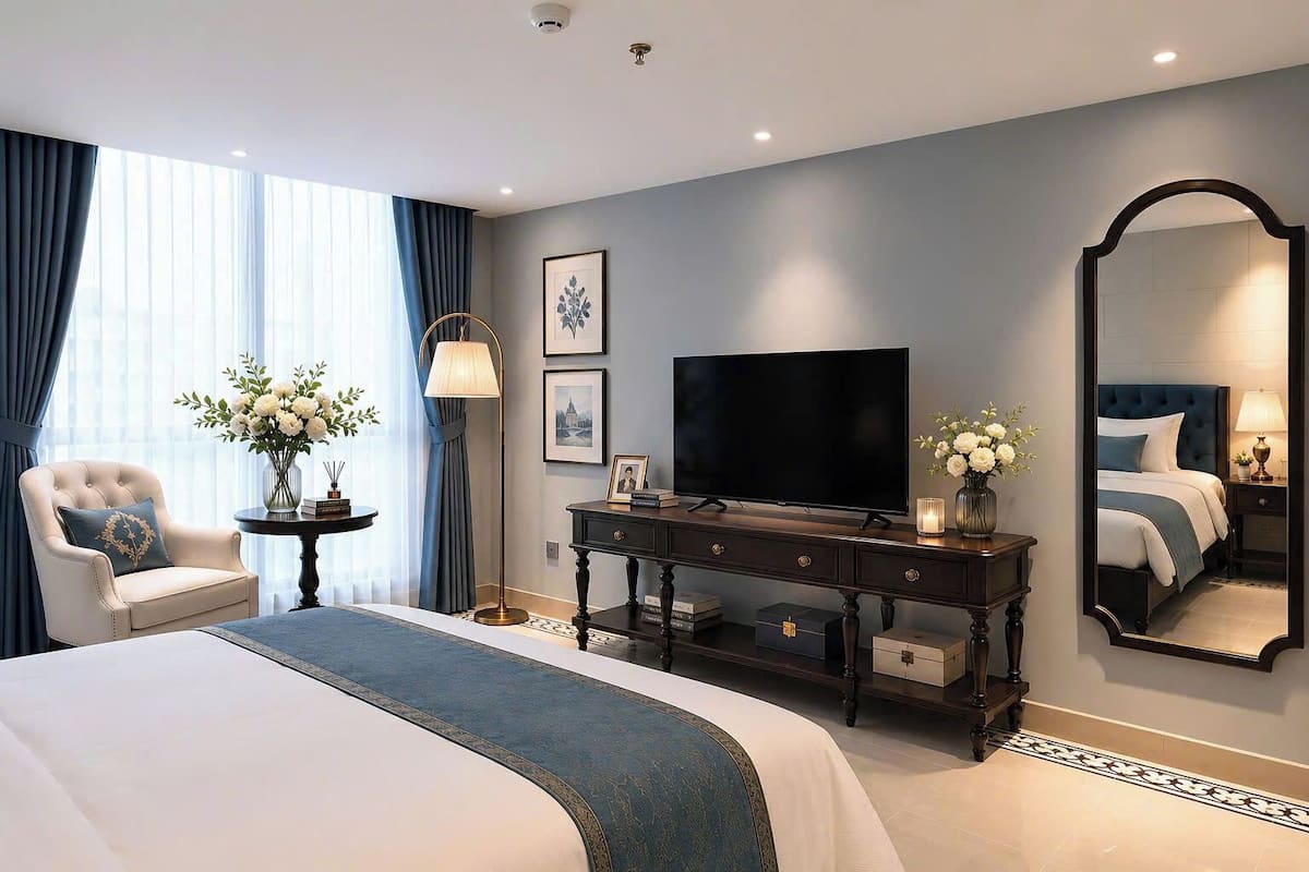 A modern hotel room with a large bed, a flat-screen TV, a desk with a lamp, and a mirror.